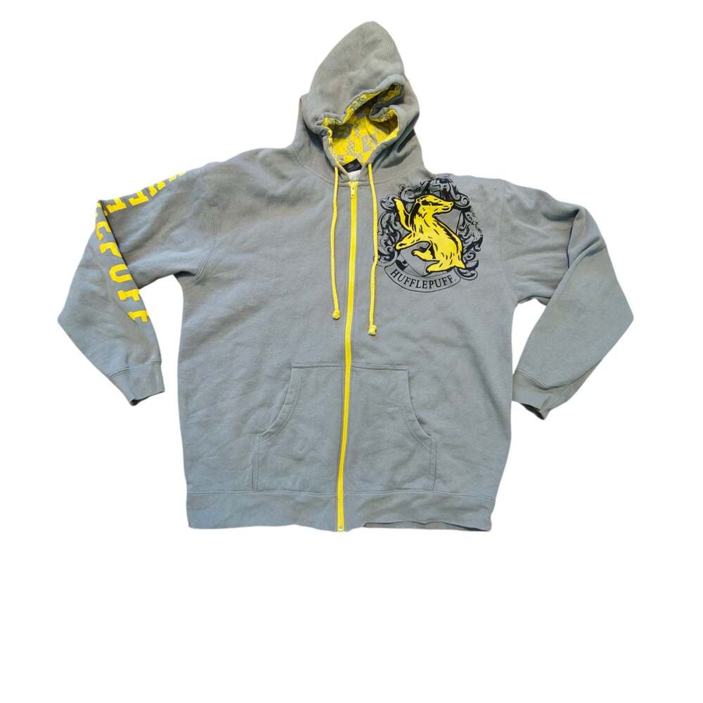 Wizarding World Harry Potter Hufflepuff Adult XL Full Zip Hoodie Gray Yellow